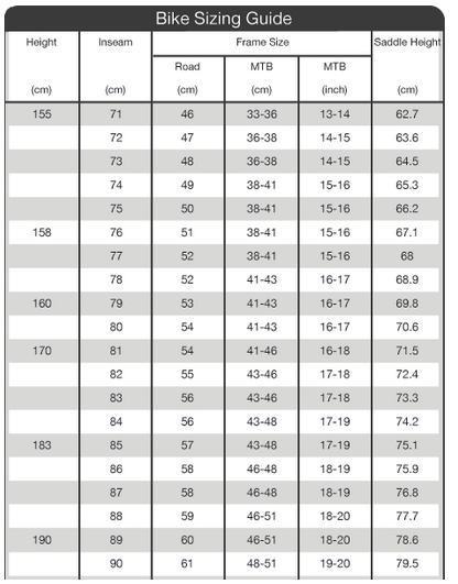 bicycle size chart